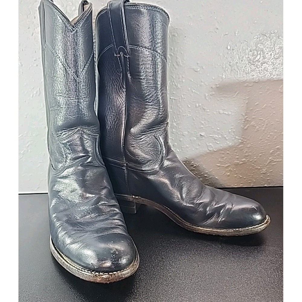 VTG Justin Boots 5.5B Navy Blue Leather Cowboy Cowgirl Western Roper Rodeo ‎ USA